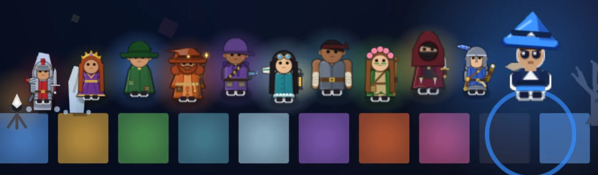 The cast of Formbreaker in a row: a knight, a queen, six survivors in their own colours, and Aether in the blue hat, each standing over the colour of their own land.