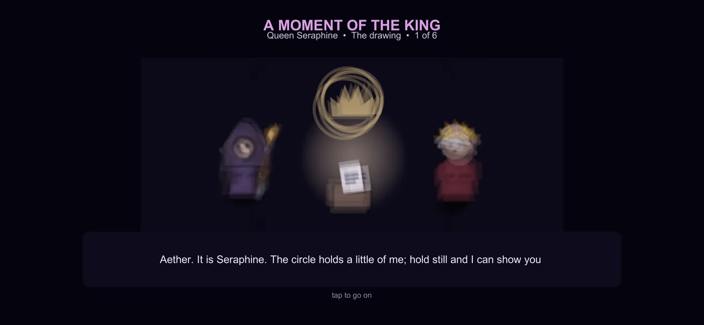 A dark dream scene: a hooded figure, a crown, and a red-haired woman, captioned as a moment of the king.