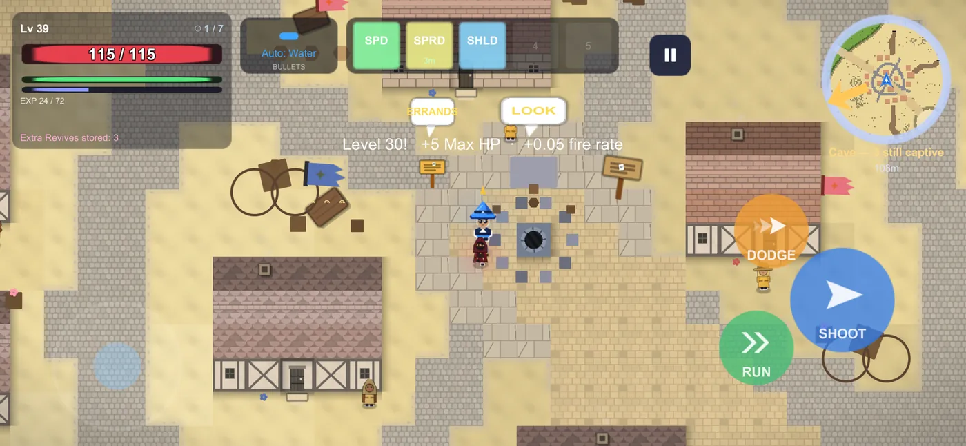 The plaza of a restored town, the board beside the fountain, a level-up toast on screen.