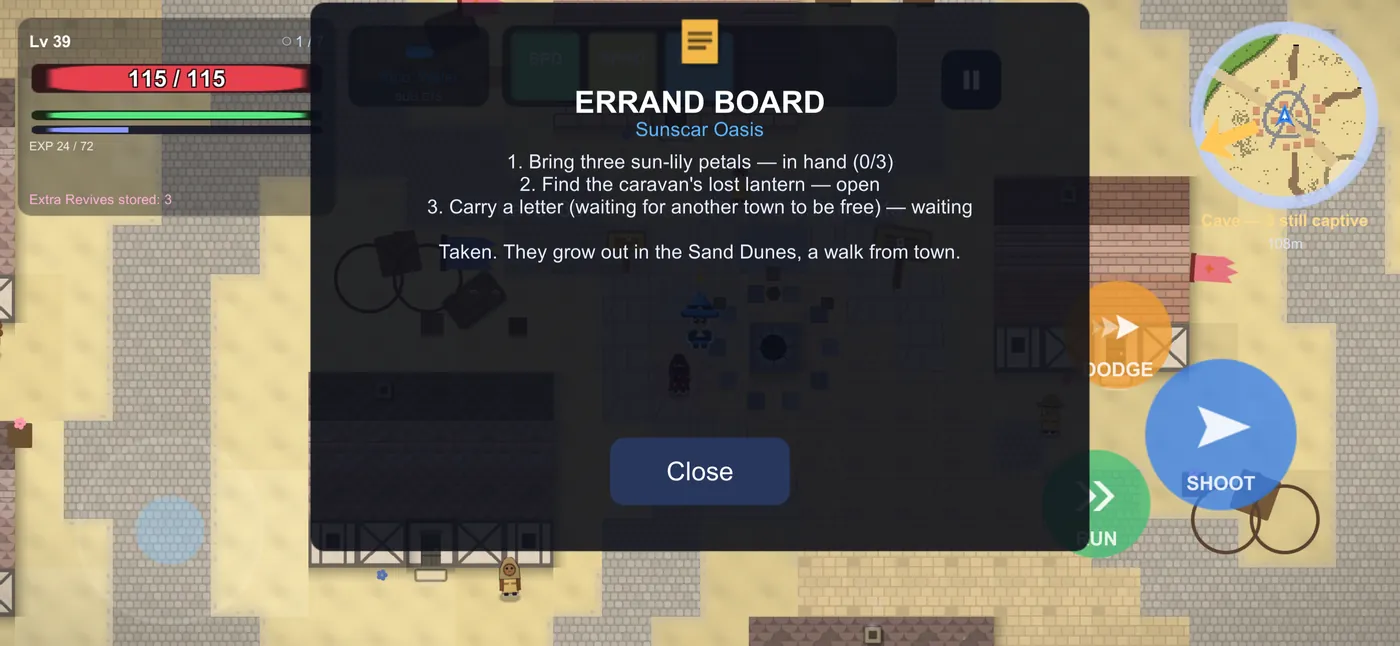 Sunscar Oasis's errand board: three errands listed, with a note about where the sun-lilies grow.