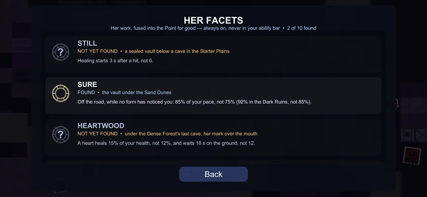 The Facets page in the pause menu: STILL, SURE and HEARTWOOD listed, two of ten found.