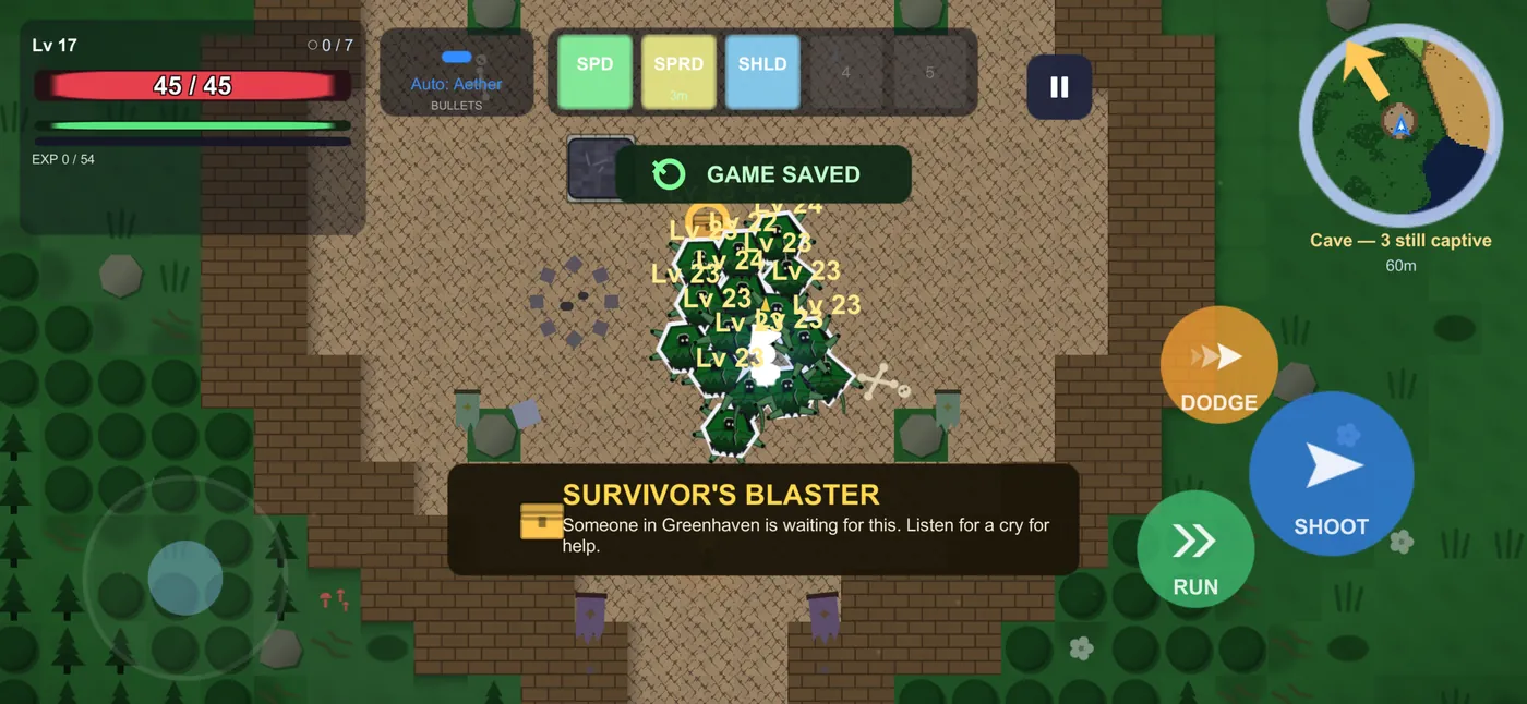 A fortress in the Dense Forest, hollow forms crowded inside its walls, the survivor's blaster card showing.