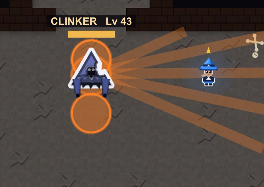 CLINKER, a five-shot fan of embers spreading across the floor.