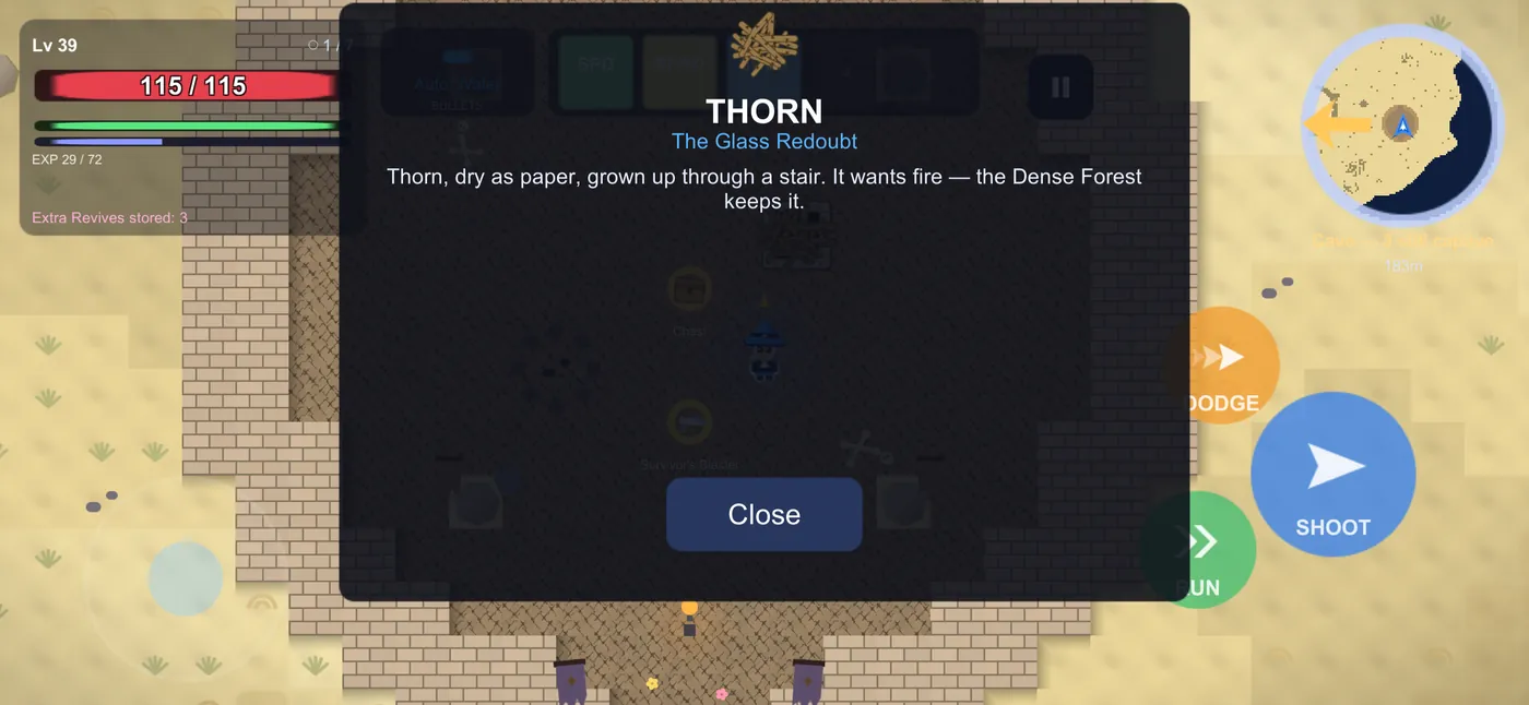 A LOOK page: THORN at the Glass Redoubt, dry as paper, grown up through a stair. It wants fire.