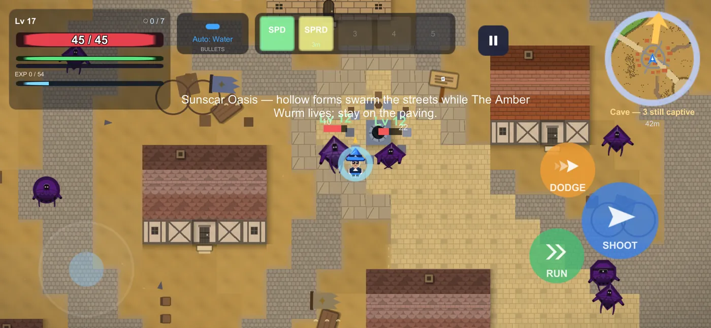 Enemies with health bars, colour-coded by level.