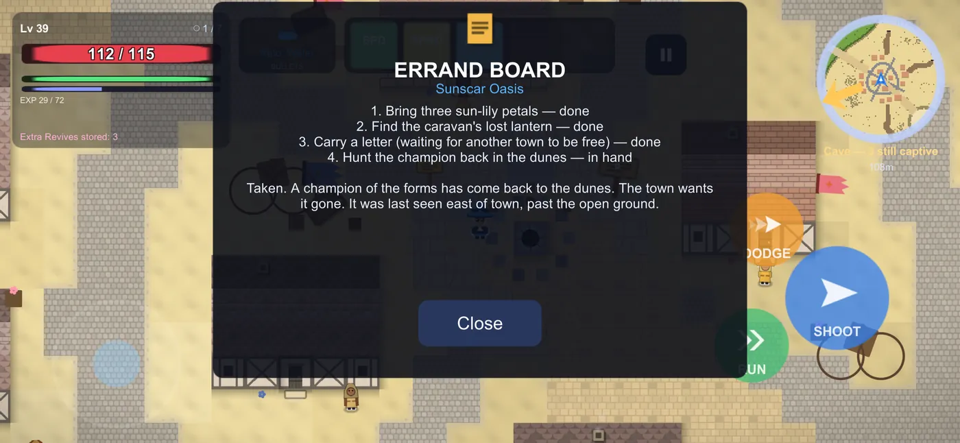 Sunscar Oasis's errand board with three errands done and a fourth line: hunt the champion back in the dunes.