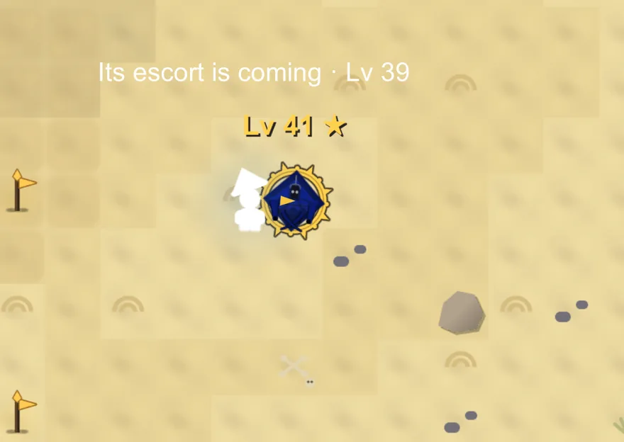 A champion form in the dunes wearing a gold crest ring, level 41, its escort arriving.