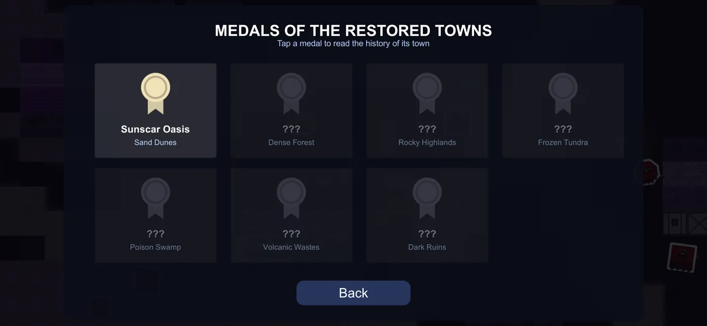 Medals of the restored towns: one lit medal for Sunscar Oasis, six still dark.