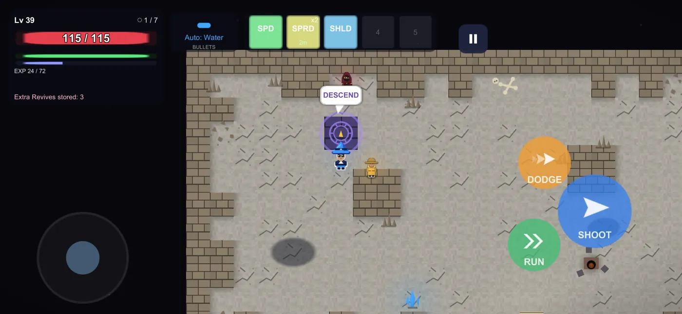 A cave floor with a violet plate set into it, a DESCEND bubble over Aether.