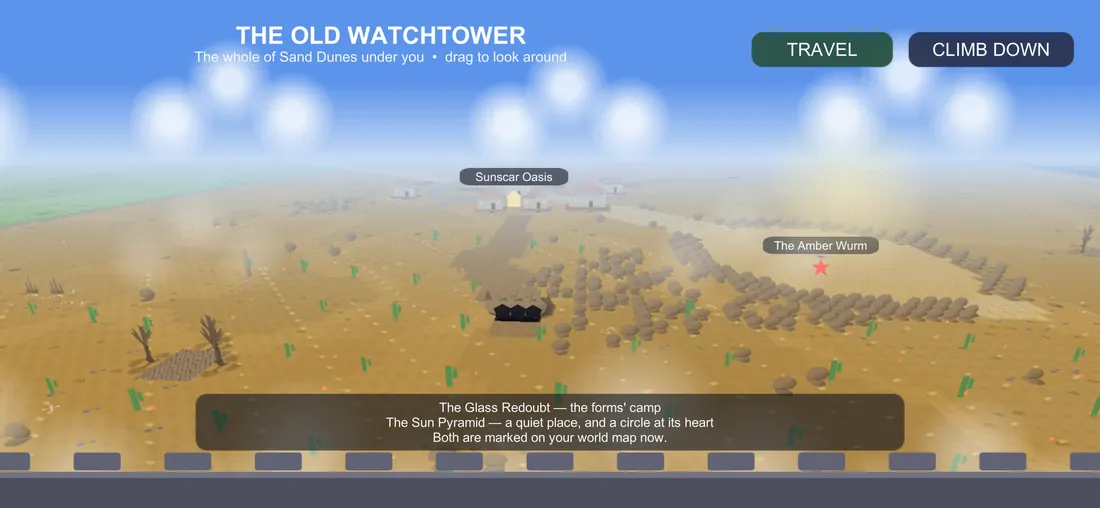 The Sand Dunes from a tower roof: Sunscar Oasis and the Amber Wurm's ground under a pale sky.