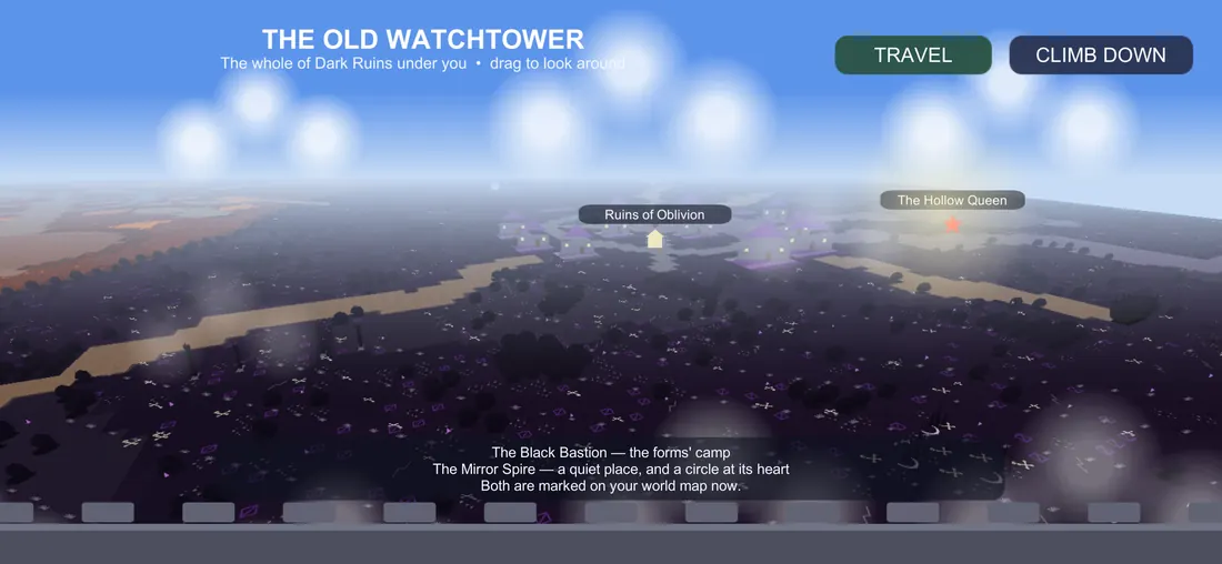 The Dark Ruins from a tower roof: a dim violet land with the Ruins of Oblivion and the Hollow Queen's ground.