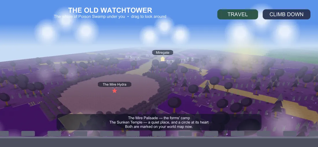The Poison Swamp from a tower roof: violet mire, Miregate and the Mire Hydra's ground.
