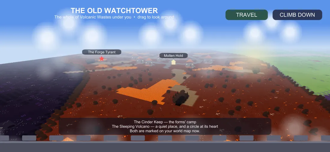 The Volcanic Wastes from a tower roof: lava fields, Molten Hold and the Forge Tyrant's ground.