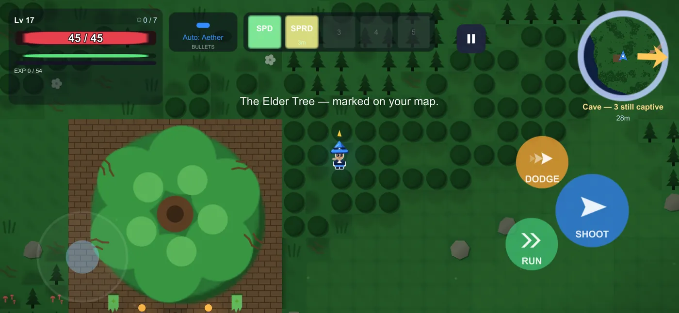 The Elder Tree, a vast green canopy seen from above, with Aether walking towards it.
