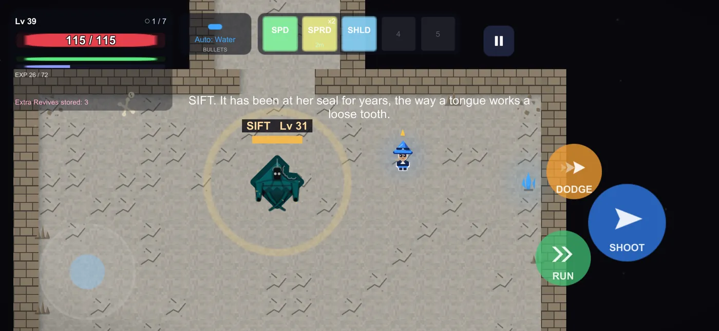 SIFT, a teal shape with a bite out of it, in a ring on the floor, with its introduction on screen.