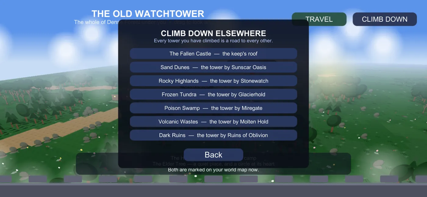 The TRAVEL list on a tower roof: climb down at any other tower you have climbed.